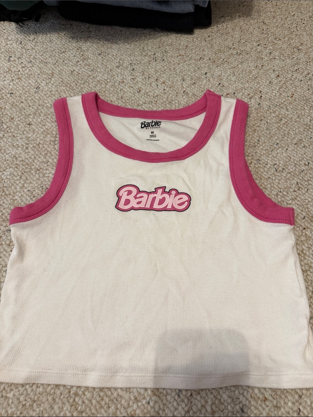 Barbie White Tank Top with Pink Trim & Logo—Pacsun